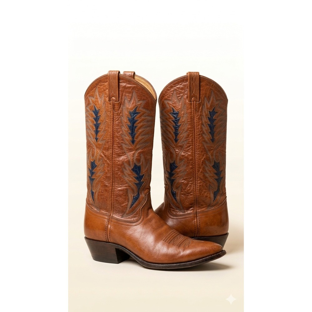Dan Post Western Boots Women 8.5M Cognac Blue Flame Embroidered Cowgirl Boots